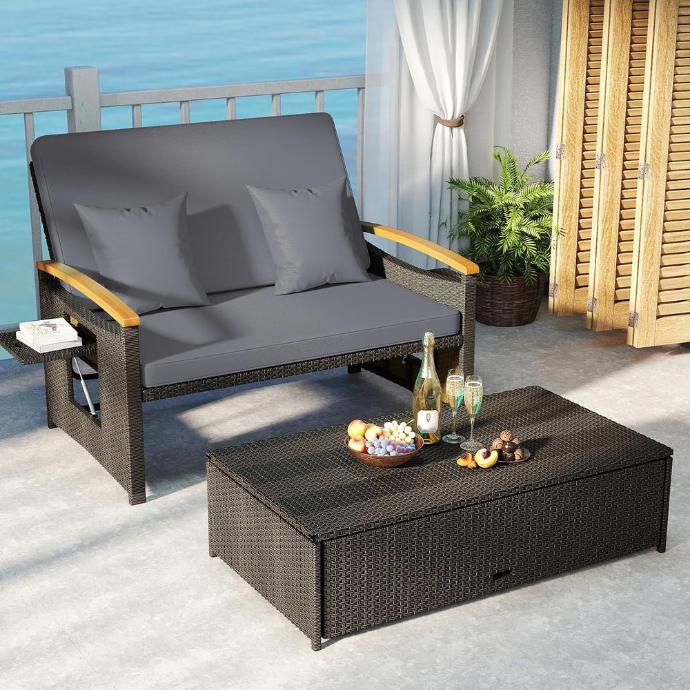 Tangkula Patio Rattan Daybed, Outdoor Wicker Loveseat, Grey & Brown