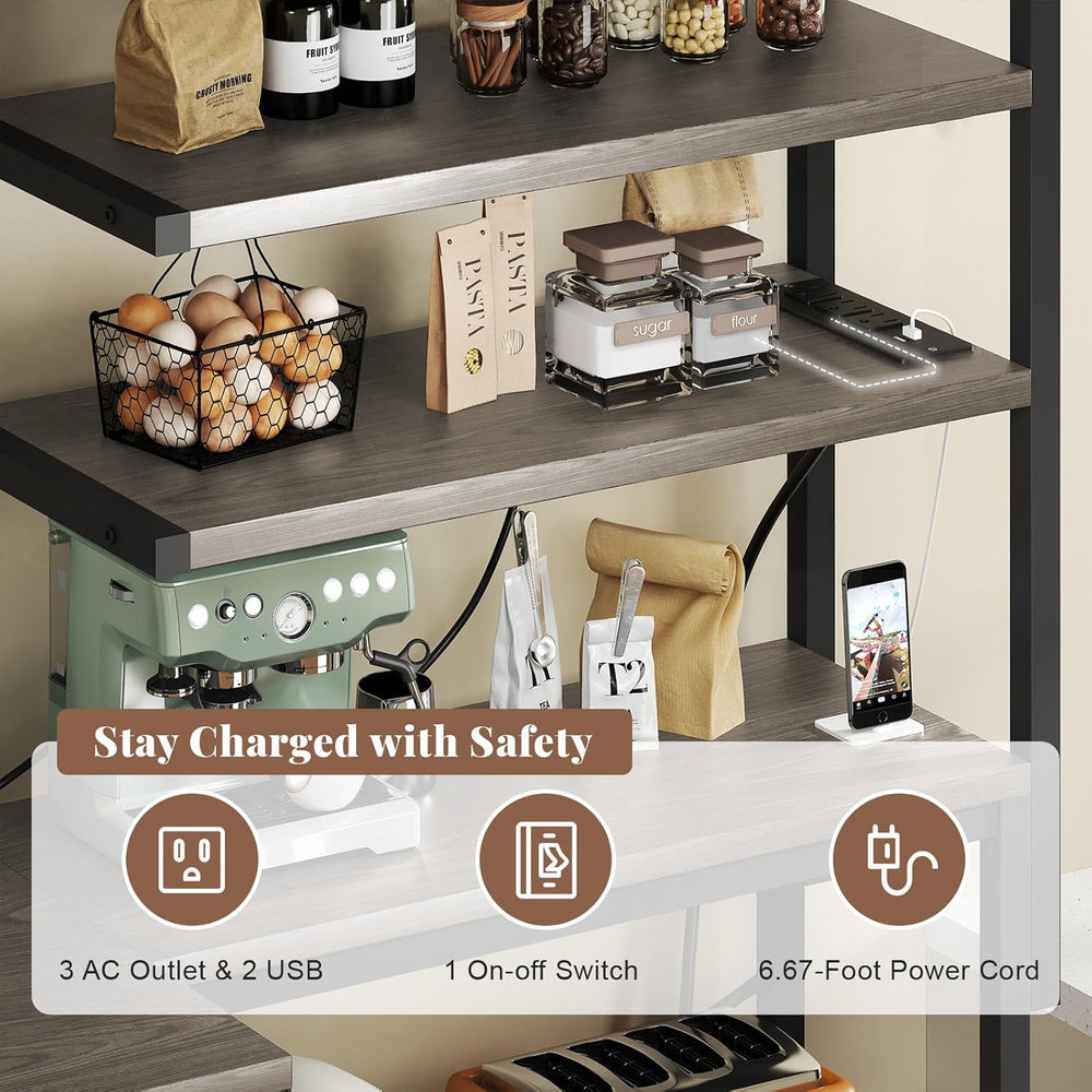L-Shaped Bakers Rack with Power Outlet, 6-Tier Microwave Stand with Storage, ...