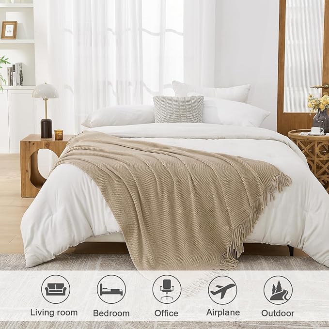 lifein Throw Blanket for Couch, Soft Boho Decor Bed Throw, Cozy Beige Knitted - Image 3