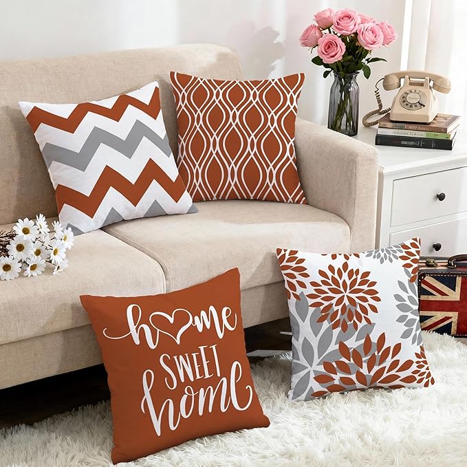 Hexagram Geometric Burnt Orange Pillow Covers 16x16 Set of 4, Decorative - Image 5