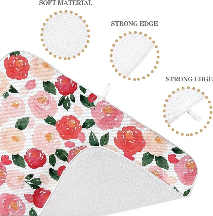 Floral Dish Drying Mat 18x24 Inch Watercolor Red Pink Flower Drying Mat Vintage - Image 3