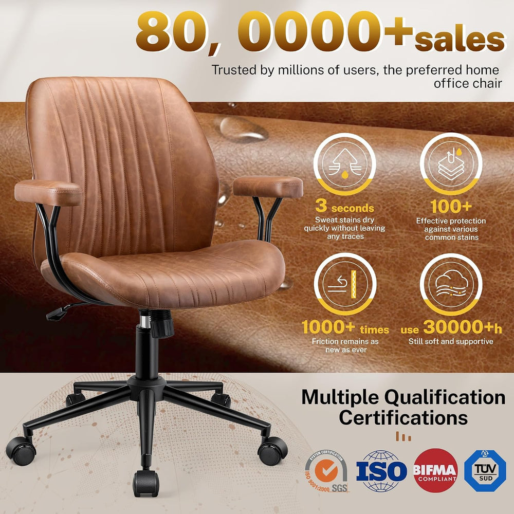 Leather Office Chair with Removable Armrests, Mid Back Ergonomic Desk Chair w...