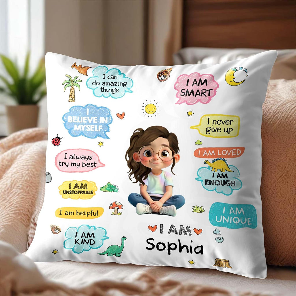 Personalized Affirmation Pillow Cover for Kids, Custom Character & Name Decorative Cushion, “I Believe in Myself” Positive Quotes, Cute Playroom Bedroom Decor for Back to School