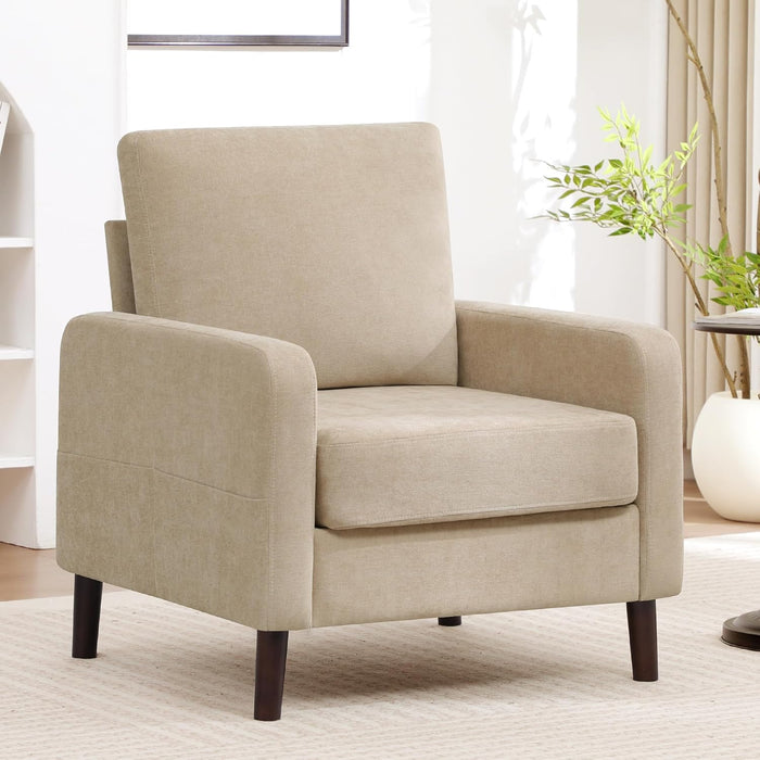 Accent Chair for Living Room, Modern Reading Chair for Bedroom, Upholstered Armchair with Wood Legs and Side Pockets, Single Sofa Side Chair for Office, Small Room, Apartment, Light Brown