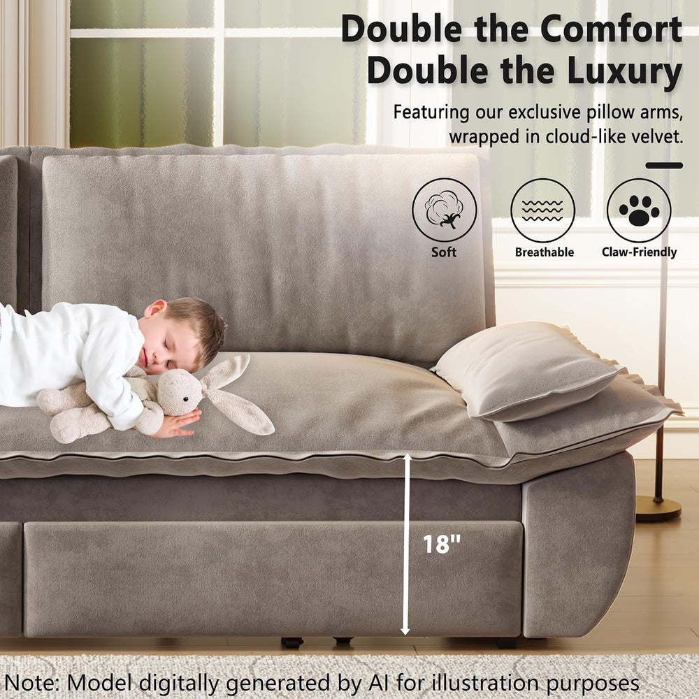 70.1" Sleeper Sofa Bed Queen Size, Pull Out Convertible Velvet Couch, Grey