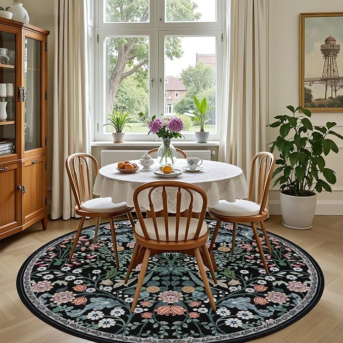 Round Area Rug for Living Room: 6 ft Floral Washable Circle Rug Soft Boho - Image 4