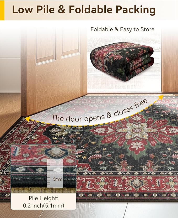 Area Rugs Round 8ft Washable Non-Slip, Floral Vintage Distress Print Pattern - Image 3