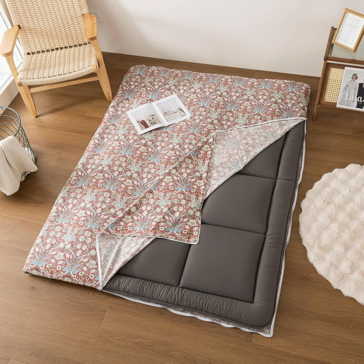 100% cotton futon cover for japanese futon floor shown in use