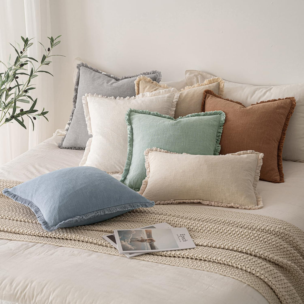 MIULEE Boho Linen Fringe Decorative Throw Pillow Covers Light Blue 20x20