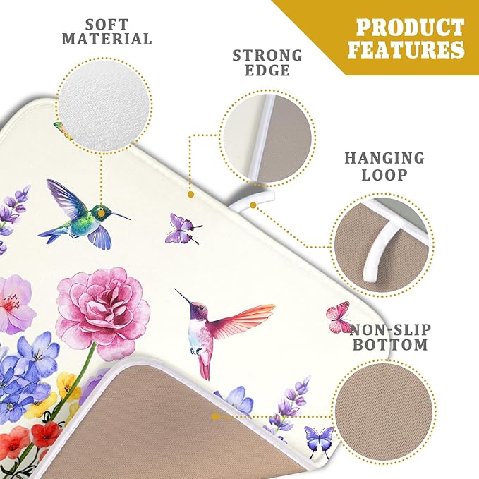 Giwawa Hummingbird Flower Dish Drying Mat 16x18 inch Watercolor Spring Herb - Image 4