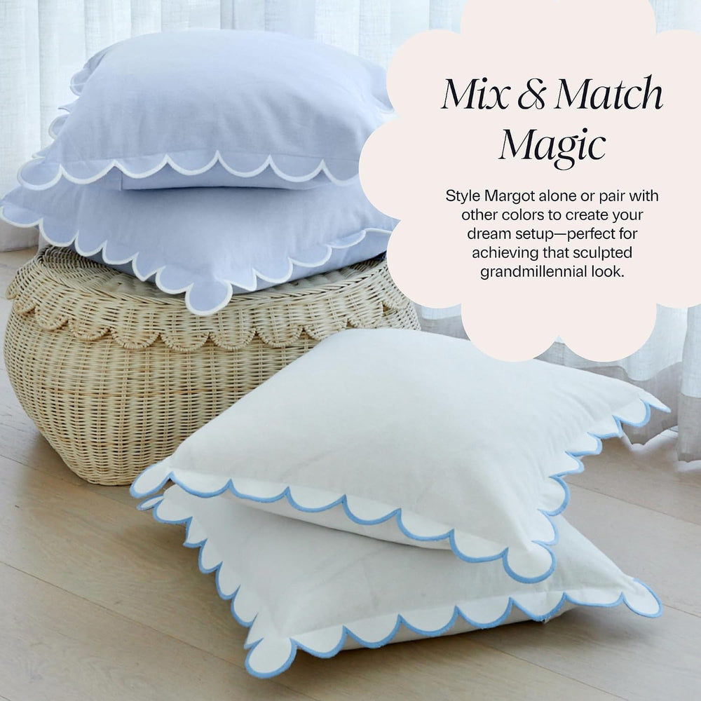 BEBE BASK Scalloped Pillow Cover Set of 2, 18x18, Cotton - Sky Blue/White