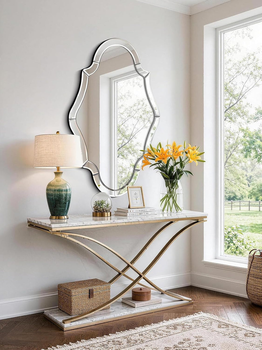 47"x32" Scalloped Beveled Glass Wall Mirror, Solid Wood Backing