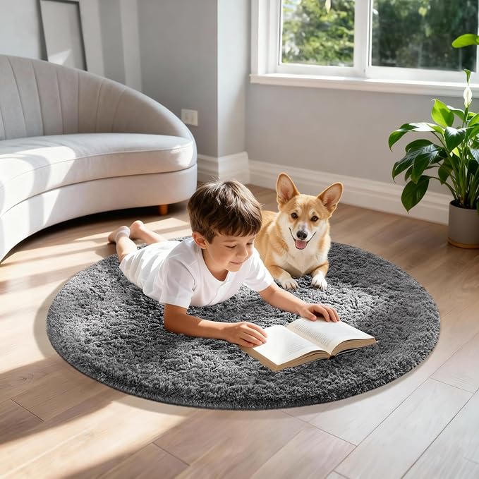Ophanie Round Rug 3Ft Grey Circle Area Rugs, Fluffy Fuzzy Small Bedroom Carpet - Image 3