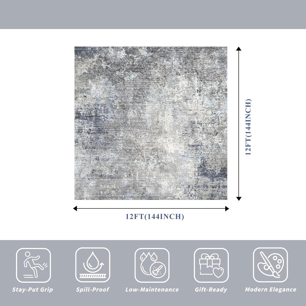 12x12 Square Area Rug for Living Room, Washable Modern Rug, Blue Grey