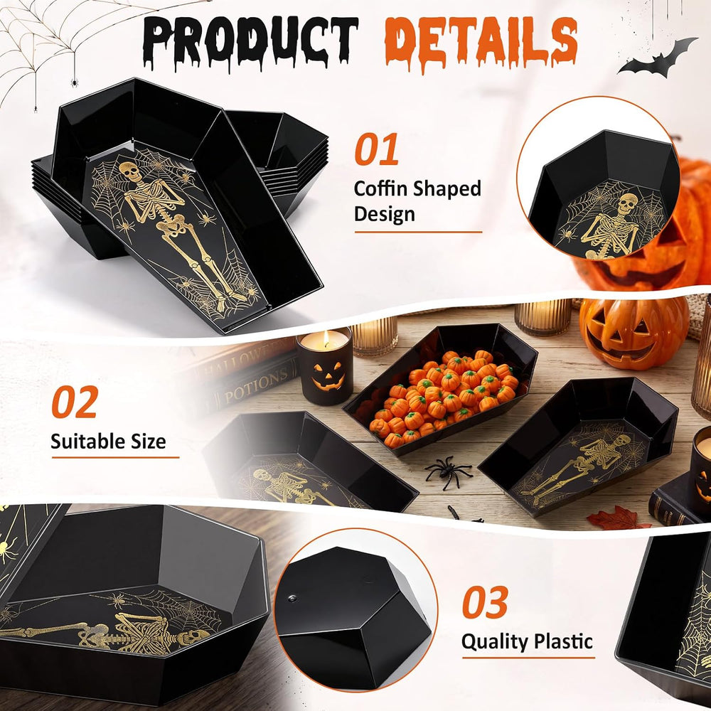 Honeydak 24 Pcs Halloween Candy Bowl, Plastic Coffin Shaped Serving Trays