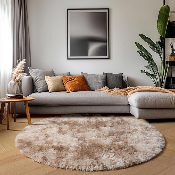 ONASAR Tie-Dye Beige Round Area Rug 4ft, Soft Bedroom Circle Rugs Floor Mats - Image 9