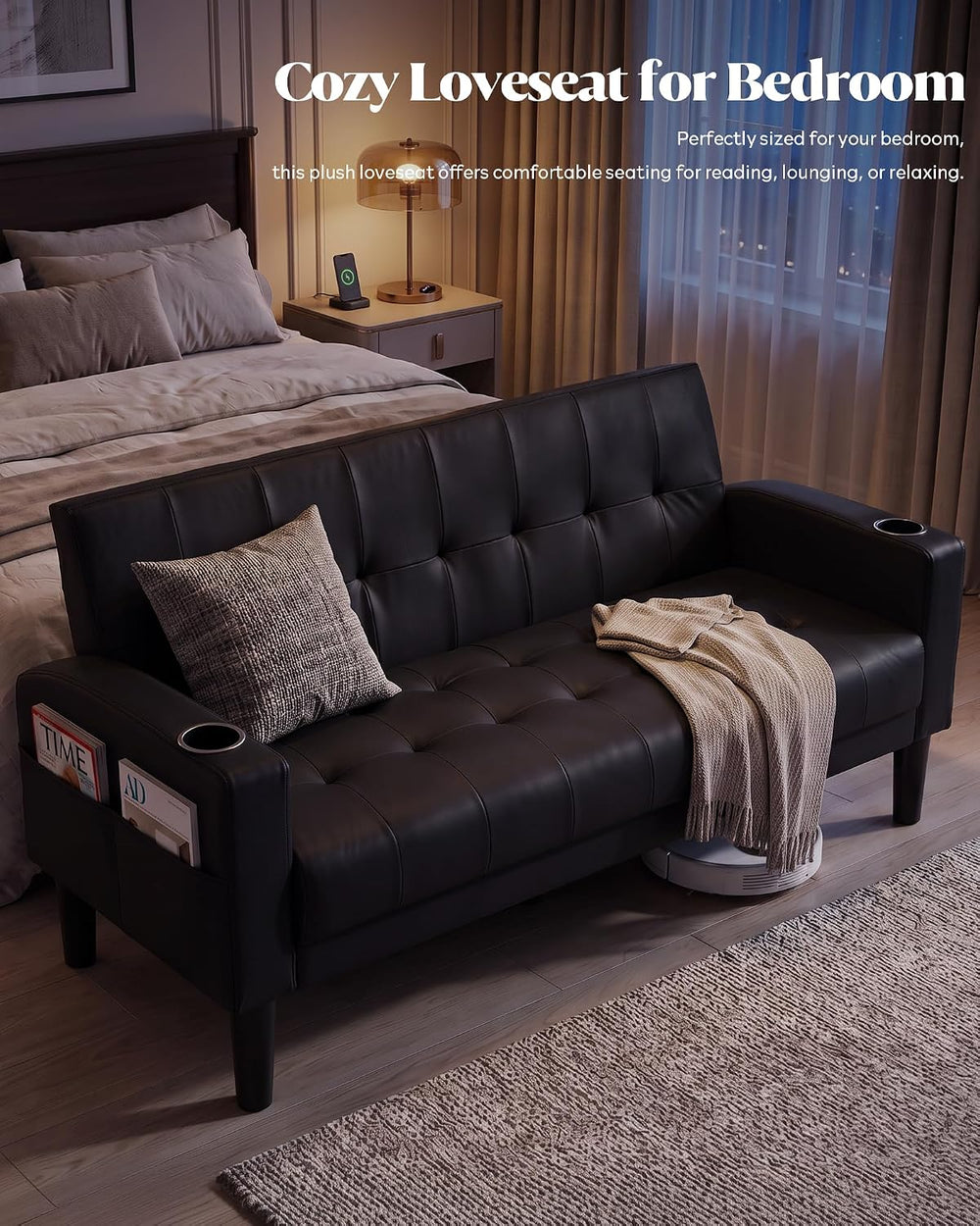 62'' Black faux Leather Tufted Upholstery Loveseat for Living Room