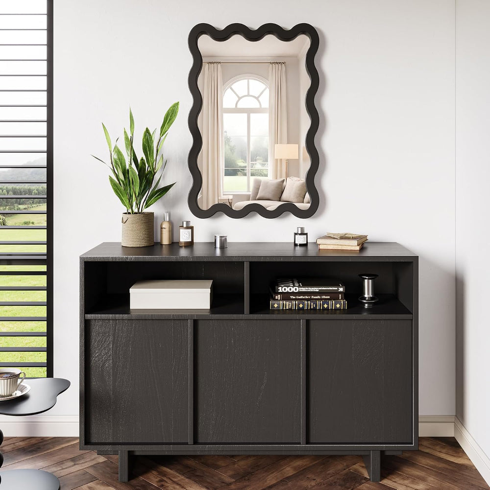 24x36 Black Wavy Bathroom Wall Mirror, Solid Wood Frame for Vanity