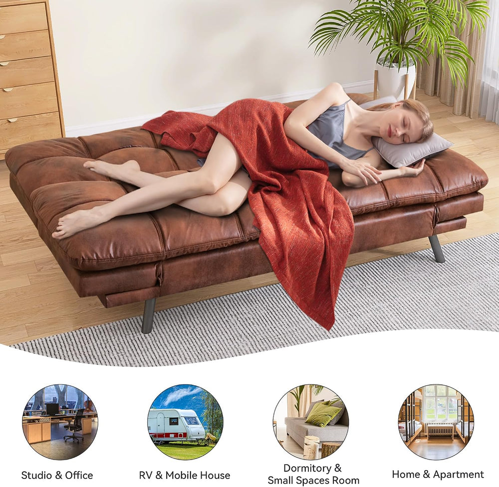 Brown Faux Leather Futon Sofa Bed,Convertible Futon Couch