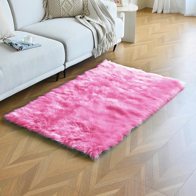 duduta Hot Pink Faux Fur Rug 3x5 ft, Fluffy Shag Rectangular Sheepskin Rug - Image 6