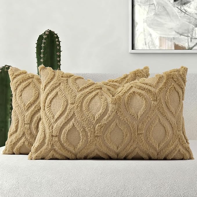 decorUhome Throw Pillow Covers 12x20 Inch Set of 2, Soft Plush Faux Wool Khaki by decorUhome