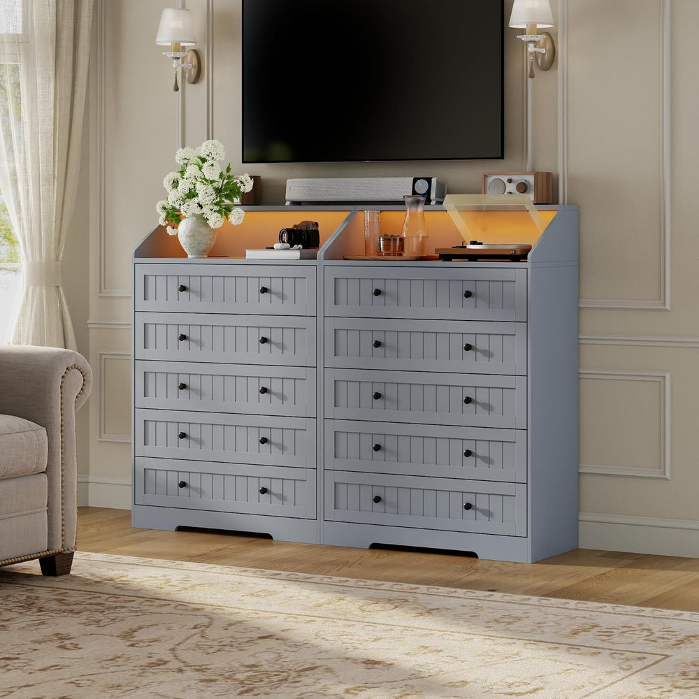 Gray 5 Drawers Dresser for Bedroom with Charging Station & LED Light