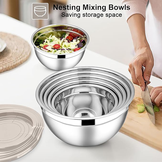 E-far Mixing Bowls with Lids Set, 7-Piece Stainless Steel Metal Mixing Bowls - Image 5