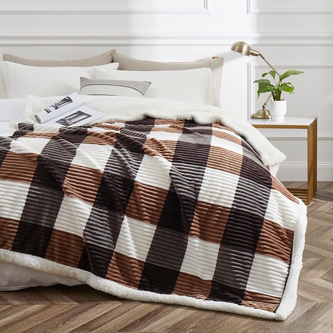 PU MEI Sherpa Blanket Full/Queen Plaid Thick Bed Blanket, 90”*80” Super Soft - Image 2