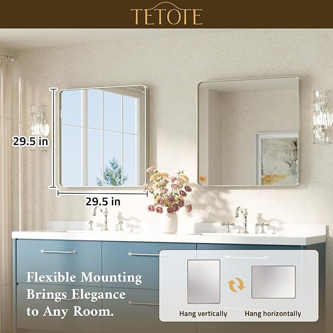 TETOTE Brushed Nickel Bathroom Mirror 30 x 30 Brushed Nickel Metal Framed Bat...