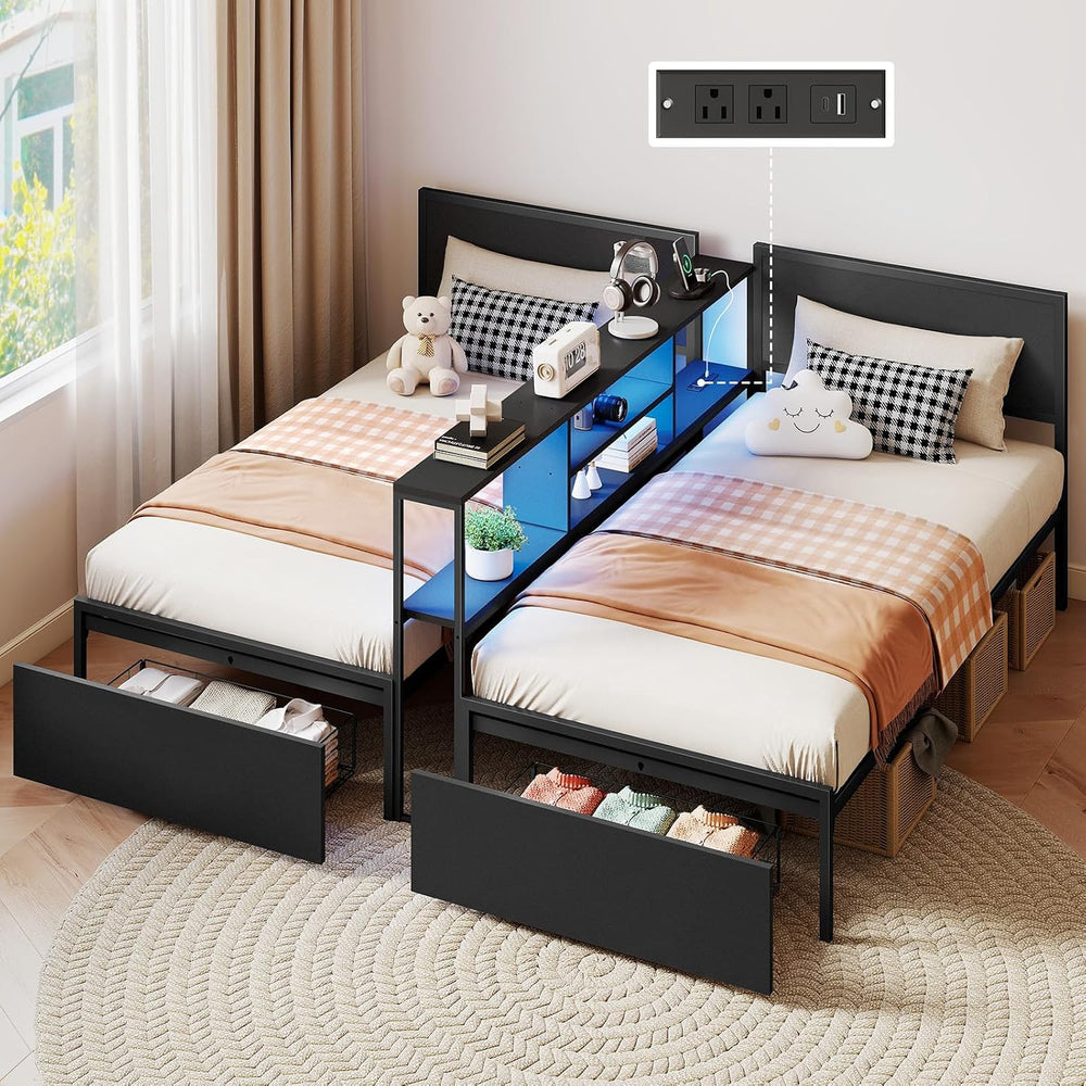 Zevemomo 2 Twin Bed Frames w/Storage Drawers, Wooden Headboard, Bookcase