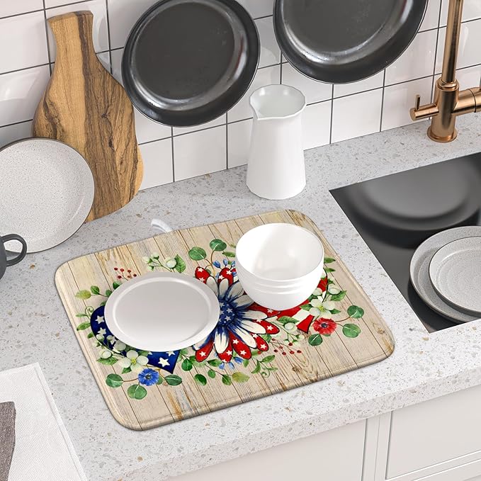Independence Day Dish Drying Mat 16x18 inch Patriotic Love Heart Fast Dry - Image 6