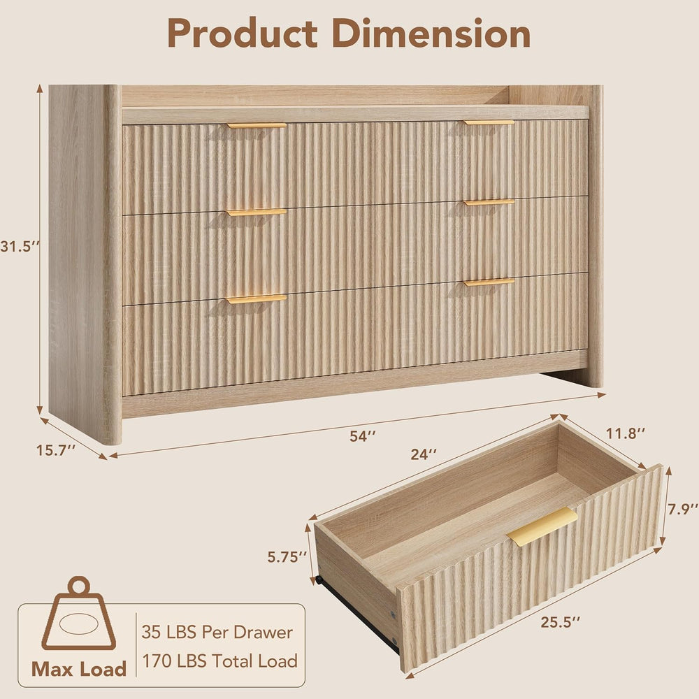 Decofy 6 Drawer Dresser for Bedroom, Fluted Dressers with Rounded Edge & ...