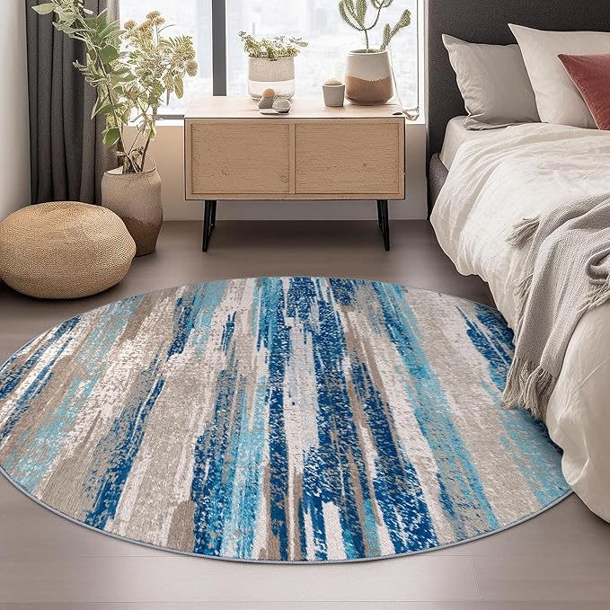 Lansny Modern Abstract Round Rug 6Ft, Circular Dining Room Rugs Thin Print Faux - Image 2