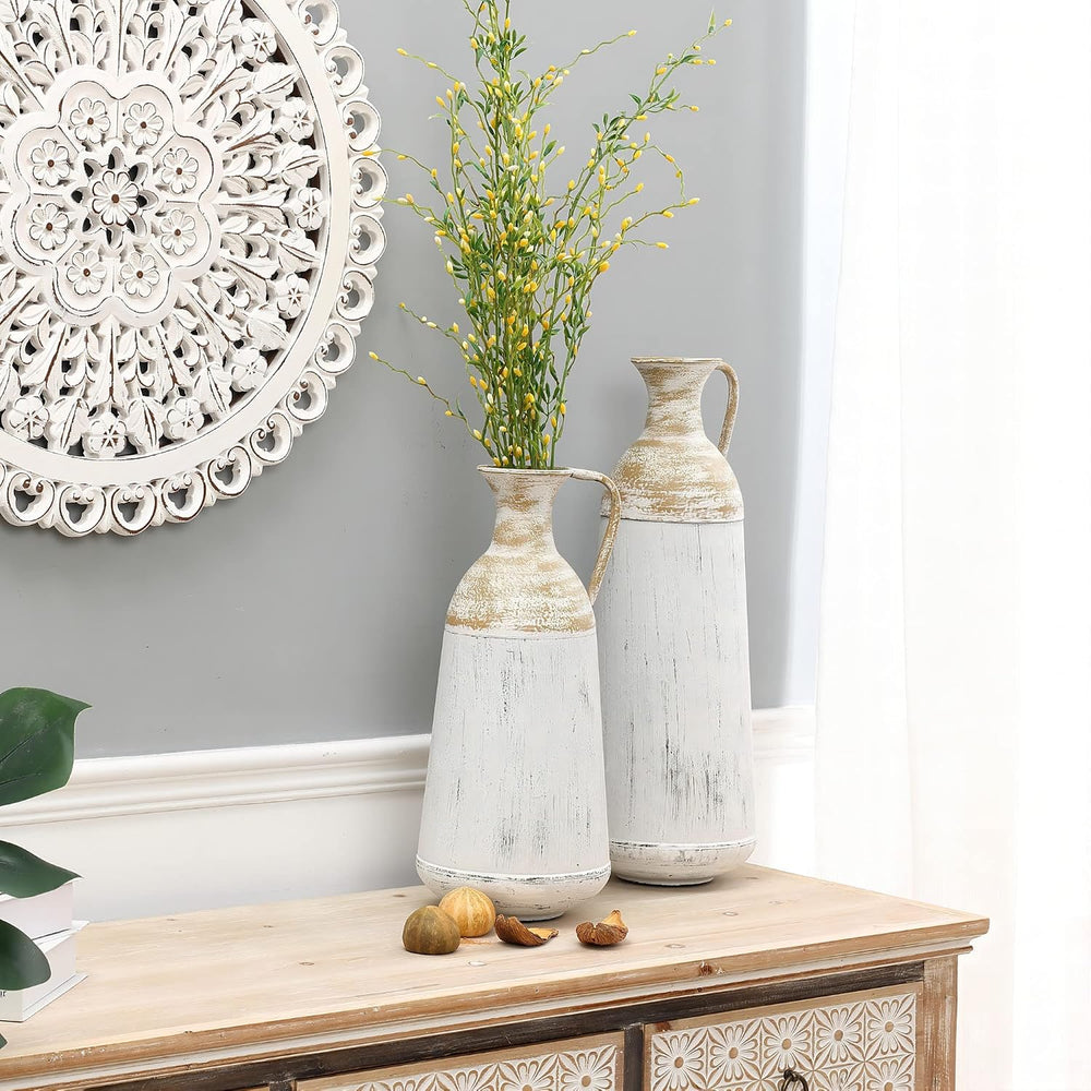 LuxenHöme Tall Floor Vase,Set of 2,Distressed Off White and Brown Rustic Meta...
