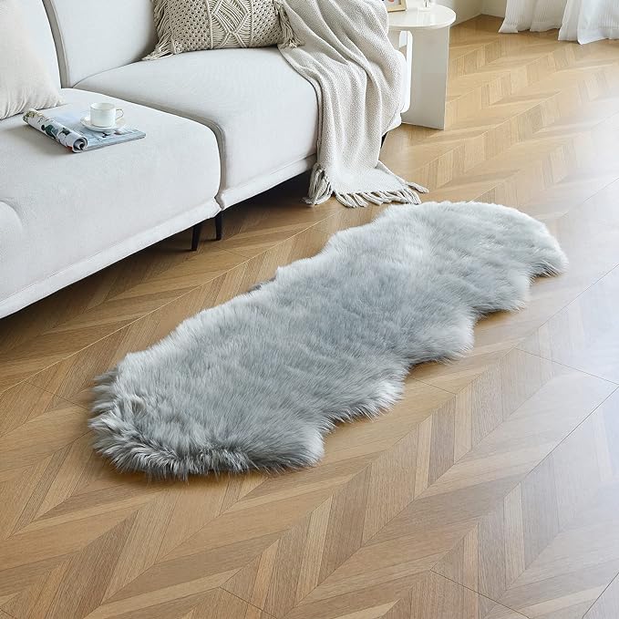 duduta Grey Faux Sheepskin Runner Rugs 2x6 ft, Fluffy Shag Bedroom Rug Decor - Image 6