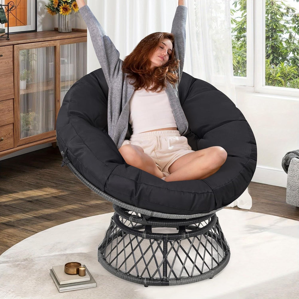 KROFEM 40" Ergonomic Wicker Papasan Chair, Grey Frame with Black Cushion