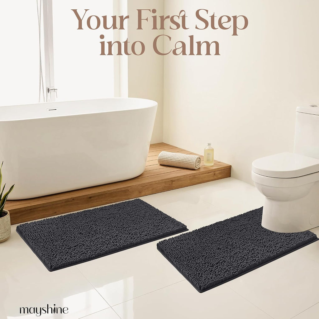 Extra Large Round Area Rug Set for Bathroom 48"x48" Soft Plush Chenille Bath Mat, Water Absorbent Non-Slip Bathroom Rug | Washable Shag Carpet, Bedroom, or Home Décor | Charcoal Gray