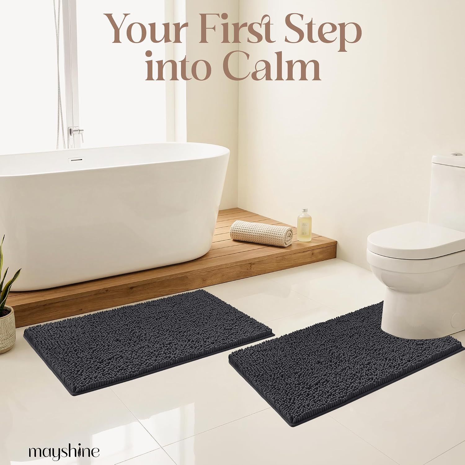 Extra Large Round Area Rug Set for Bathroom 48"x48" Soft Plush Chenille Bath Mat, Water Absorbent Non-Slip Bathroom Rug | Washable Shag Carpet, Bedroom, or Home Décor | Charcoal Gray