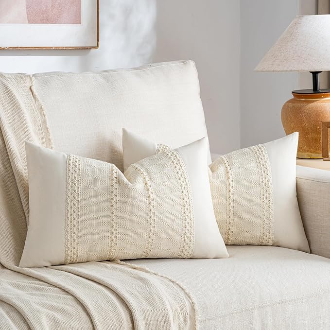 Fancy Homi Set of 1 Boho Cream Lumbar Decorative Throw Pillow Cover 12x20 Inch - Image 2