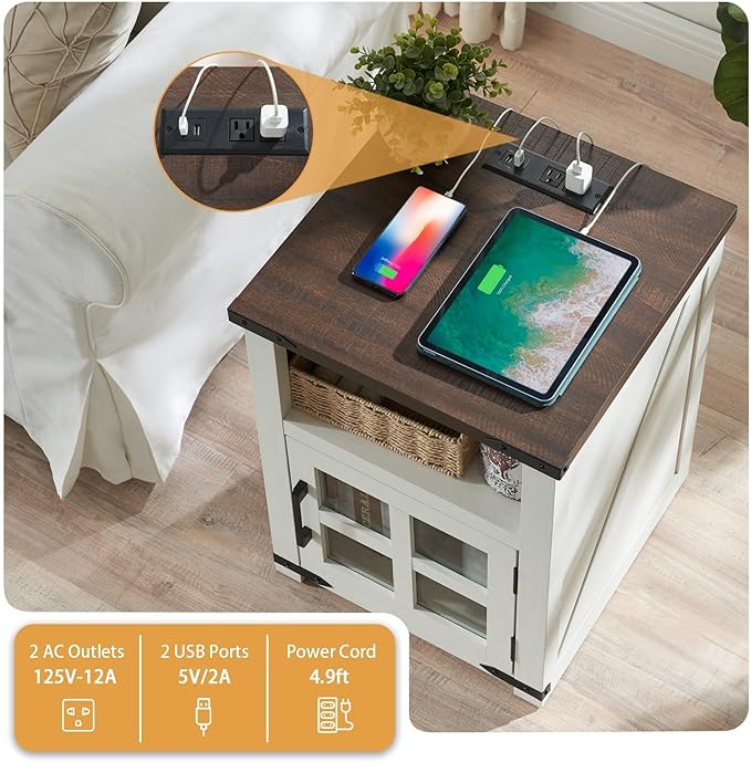 Farmhouse Nightstand with Charging Station, Rustic End Table with Tempered Gl...