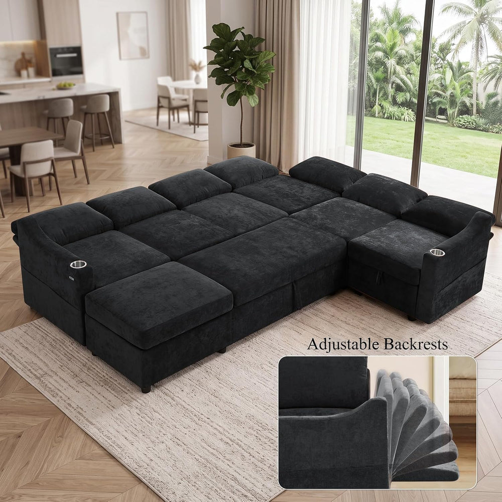 116" Chenille Modular Sofa Bed w/Adjustable Backrests, Black