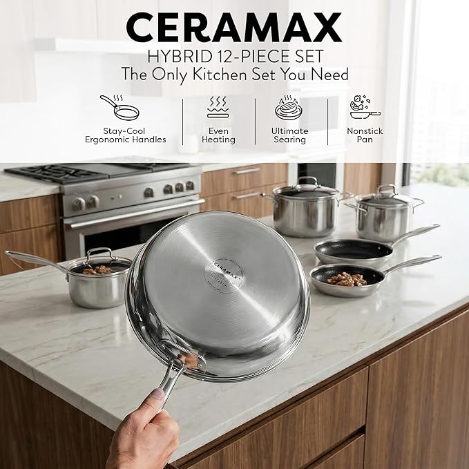 Gotham Steel Ceramax 12 Pcs Tri Ply Hybrid Stainless Steel Cookware Set - Image 5