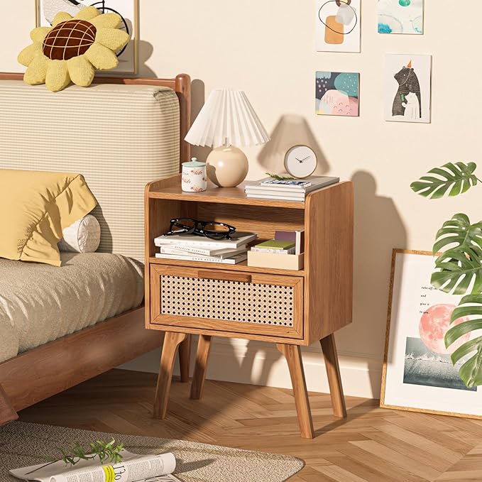 Lerliuo Rattan Nightstands Set of 2, Side Table with Drawer, Cane Accent Beds...