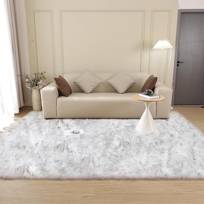 ORINOVA White and Grey Faux Shaggy Fur Rug - Image 3