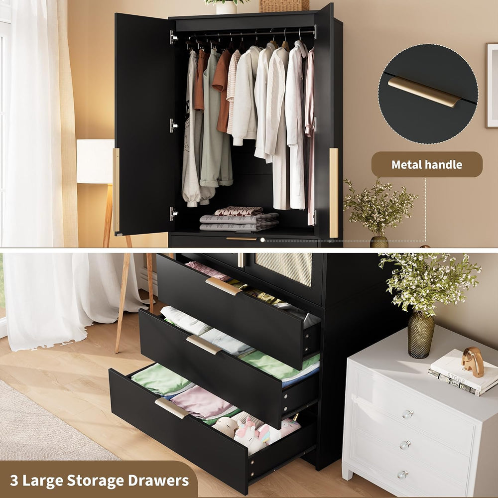 GarveeHome 70" Wardrobe Armoire Wooden Closet with 3 Drawers, Black
