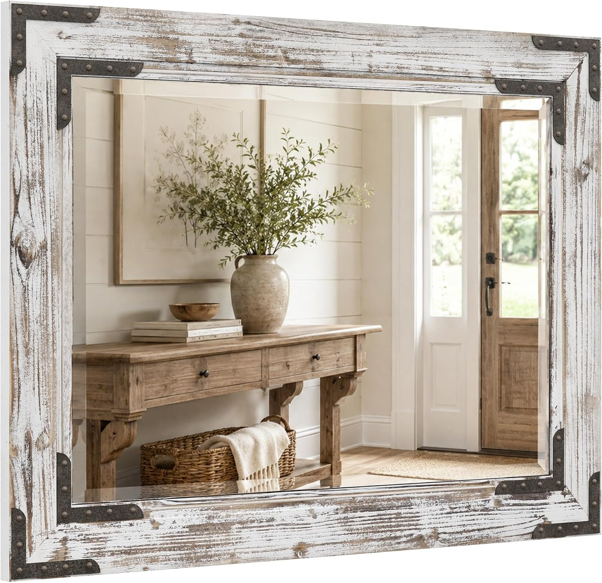 distressed white 30x40 inch wood bathroom vanity mirror, main product view