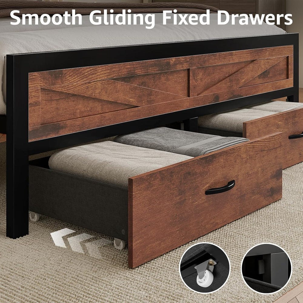Rustic Full Size Bed Frame with Storage Drawers, Farmhouse LED Full Bed Frame...