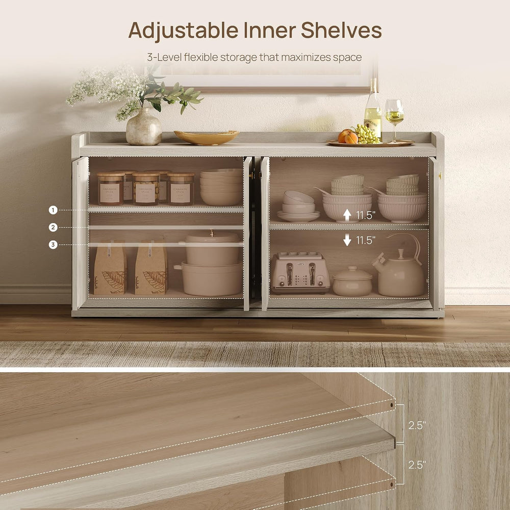 SICOTAS 61.7" 4-Door Buffet Sideboard Cabinet Living Room, Grey White Oa...