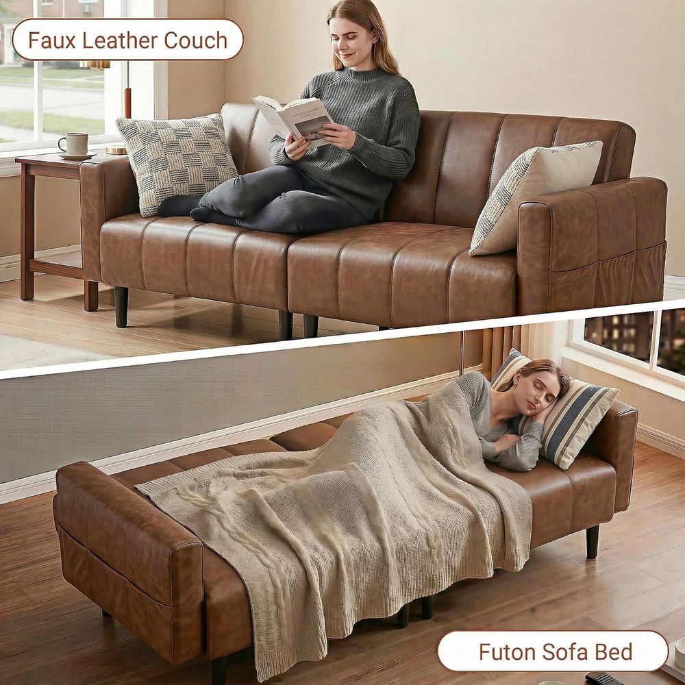 83" Mid Century Modern Faux Leather Sofa, Brown Leather Futon Sofa