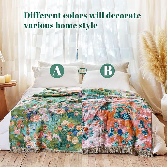 MSGKV Boho Throw Blanket for Couch Cotton Floral Blanket 50"x60" for Sofa Chair - Image 3